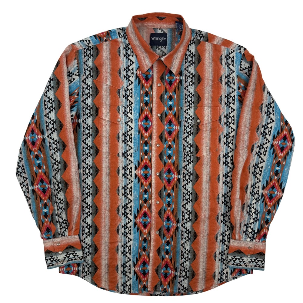 Wrangler Mens Aztec Southwestern Pearl Snap Checotah Western Shirt Orange Blue - Picture 4 of 6